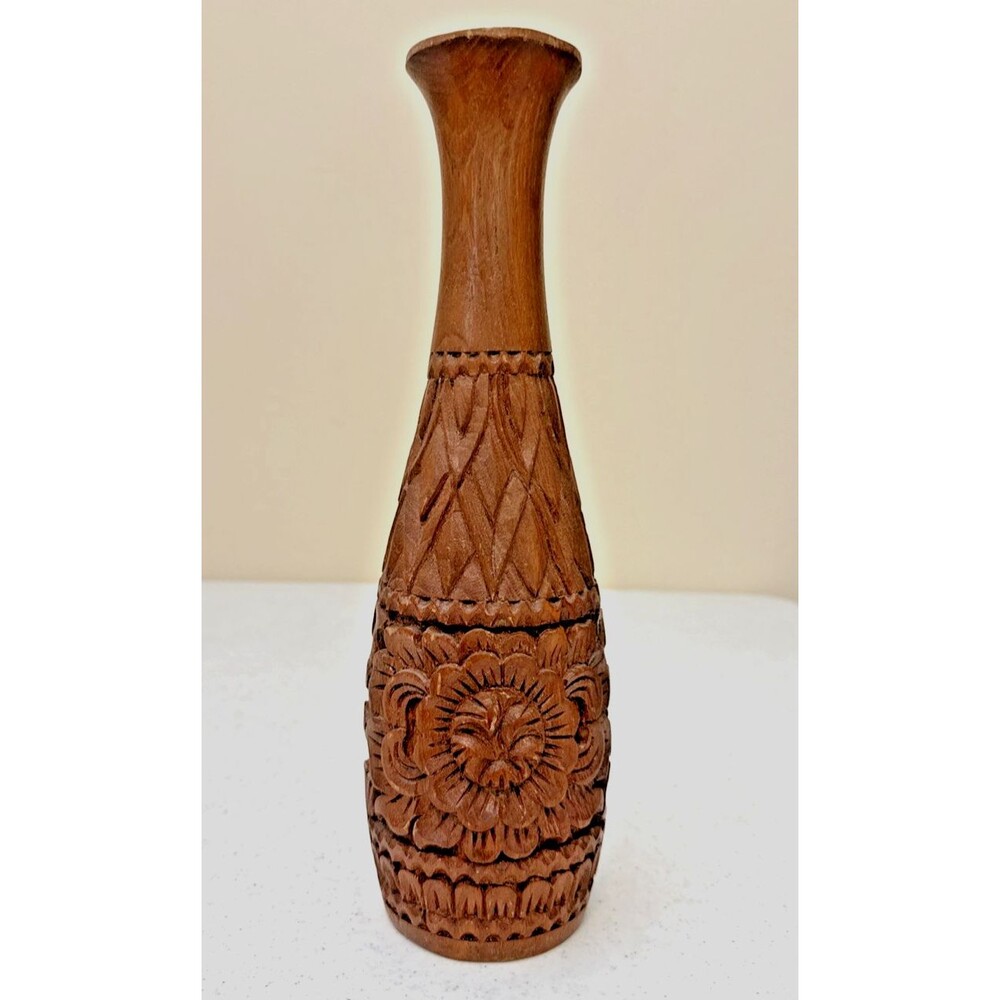 Vintage Handcarved Wood Vase 12” Retro Boho Home Decor Accent